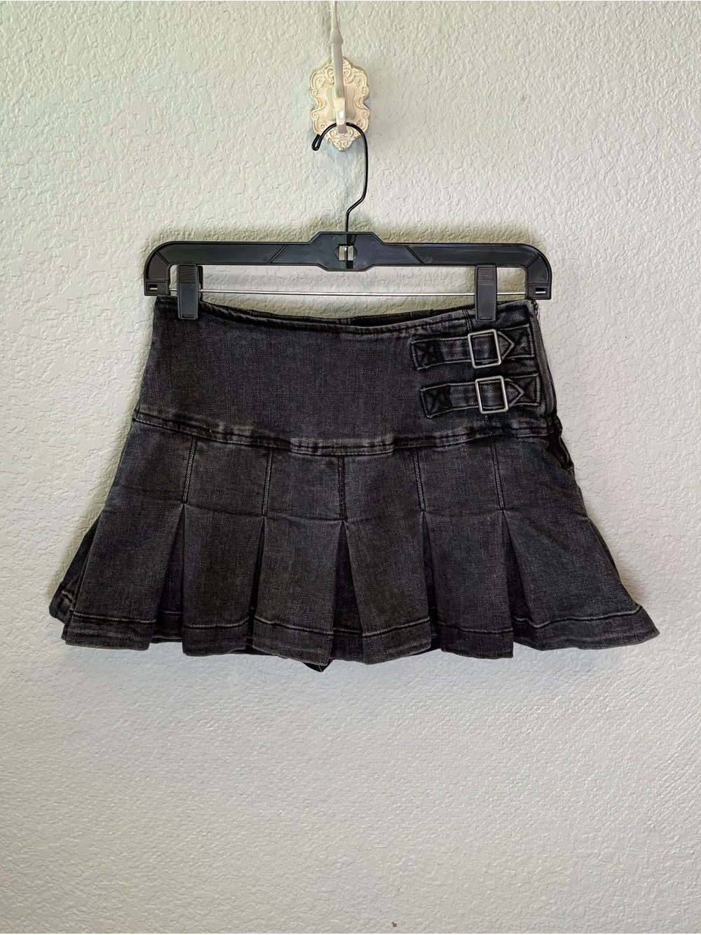 Women's Charcoal Pleated Mini Skirt with Buckle Detail by Wild Fable
